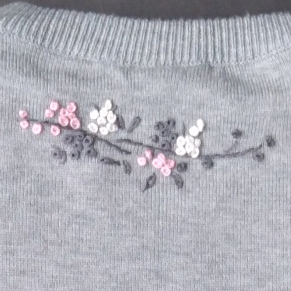 Vintage Grey Knit with Floral Embroidery Cardigan Crew Neck & Pearl Buttons Sz M - Picture 8 of 9